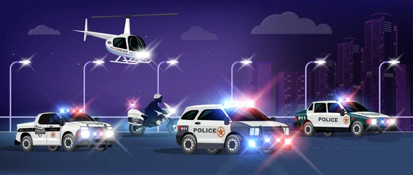 Polizei Transportiert Flache Komposition Mit Nächtlicher Stadtkulisse Und Fliegendem Hubschrauber — Stockvektor