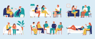 Psikolog düz renk doktor seti zihinsel bozuklukları olan insanlara psikolojik bakım sağlıyor izole vektör çizimi