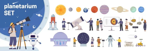 Planetarium Platt Uppsättning Isolerade Planet Ikoner Med Mänskliga Tecken Utrymme — Stock vektor