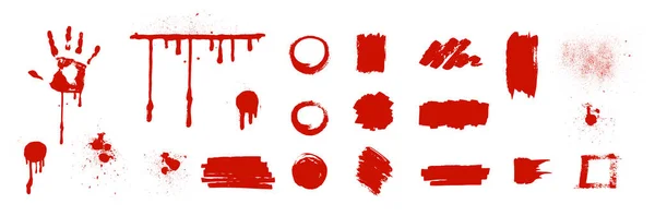 Rode Verf Bloedvlekken Spetters Witte Achtergrond Realistische Set Geïsoleerde Vector — Stockvector