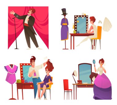 Sahnede sanatçılar ve şarkıcılarla birlikte giyinme odası çizgi filmi ve izole edilmiş vektör çizimleri.