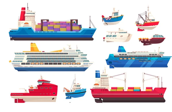 Fracht Und Kreuzfahrtschiffe Mit Hafensymbolen Flache Isolierte Vektorillustration — Stockvektor