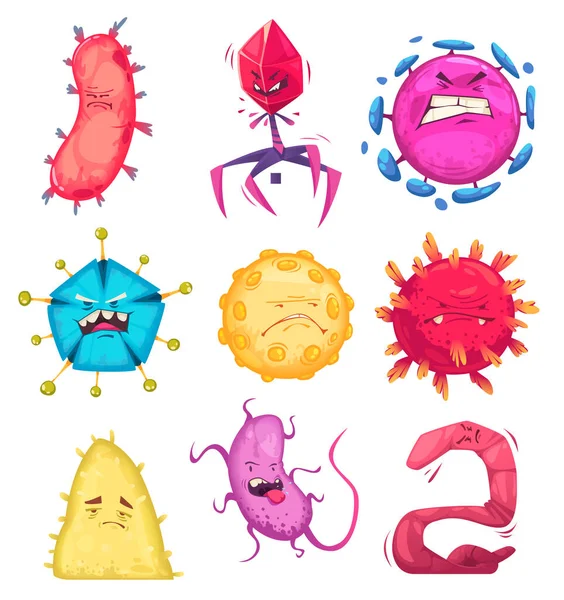 Bakterie Virus Set Roztomilými Mikroby Symboly Ploché Izolované Vektorové Ilustrace — Stockový vektor