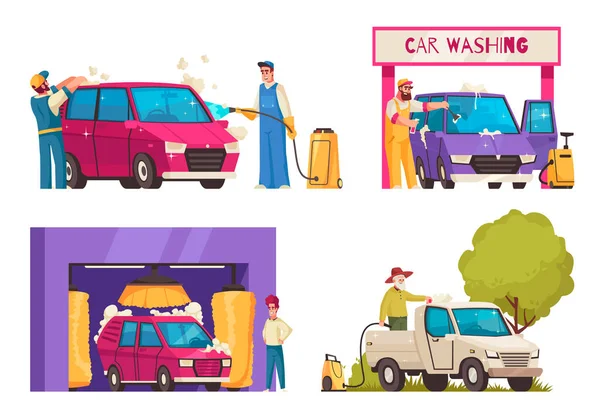 Іконки Мультфільмів Миття Автомобілів Встановлені Працівниками Які Займаються Розпиленням Очищенням — стоковий вектор