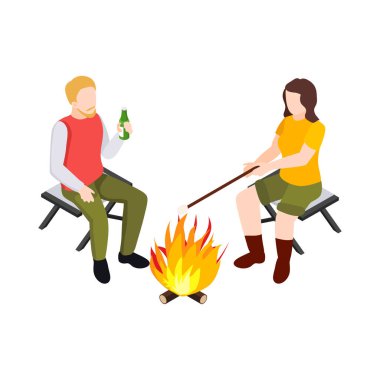 Boş arkaplan vektörü illüstrasyonunda izole edilmiş simgelerle Isometic bbq ızgara piknik bileşimi