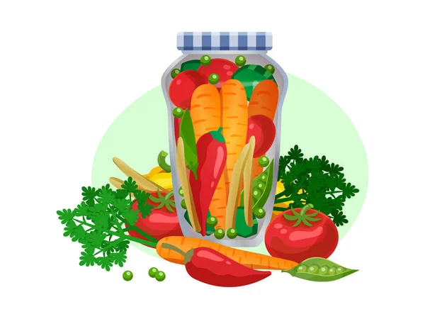 玻璃瓶中腌制蔬菜分离图像的泡菜成分及成熟果载体图解 — 图库矢量图片