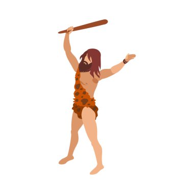 Boş arkaplan çizimi üzerinde tarih öncesi insan karakteriyle taş devri izometrik bileşimi