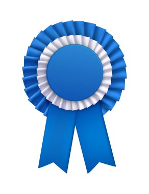 Mavi rozetler, süslü kağıt rozet çizimleri için izole bir görünümü olan gerçekçi kompozisyon ödülü