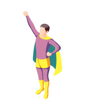 Kostümlü oyun, izole edilmiş insan karakteriyle izometrik kompozisyonu, şenlikli kostüm çizimi.