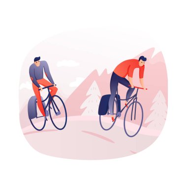 Bisiklet turu kompozisyonu açık hava manzarası arka plan çizimi üzerinde bisiklet süren sporcuların görüntüsü