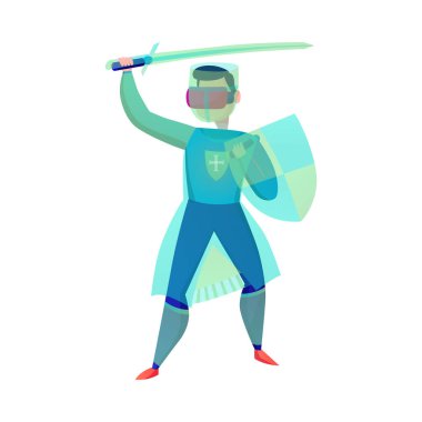 Boş arkaplan vektör illüstrasyonunda izole edilmiş modern eğlence araçları kullanan çizgi film stili insanlarla sanal gerçeklik kompozisyonu