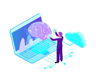 Yapay zeka izometrik kompozisyonu. Elektronik cihazlar ve iş adamları illüstrasyonuyla beynin izole edilmiş ai parıltısı görüntüsü.