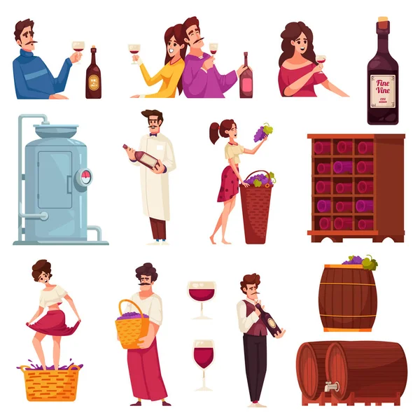Ícones Desenhos Animados Vinho Com Produção Cenas Bebida Ilustração Vetorial — Vetor de Stock