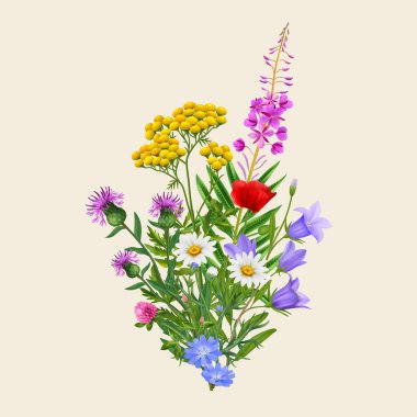 Sepya arkaplan çizimi üzerinde gerçekçi renkli yabani çiçek buketi