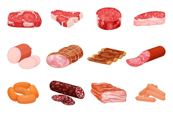Vleesproducten Platte Set Met Geïsoleerde Beelden Van Rauwe Steaks Worst — Stockvector