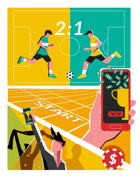 Betting Sports Flat Collage Composition View Football Field Players Supporters — Stock Vector