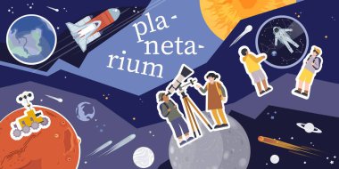 Gezegenli düz simgelerin kolajıyla planetaryum bileşimi roket yıldızları ve metin vektörü çizimi olan insan karakterleri