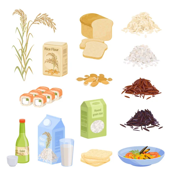 带有孤立图标和种子 牛奶和寿司等扁平图像的大米产品 — 图库矢量图片