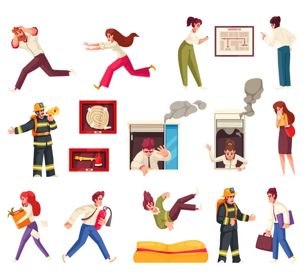 Ícones Desenhos Animados Evacuação Conjunto Com Pessoas Escapando Alarme Incêndio —  Vetores de Stock