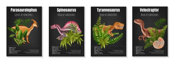 現実的な草食動物と肉食動物の恐竜のポスターは 黒の背景に単離されたベクトル図上の寄生虫スピノサウルスティラノサウルスとベロキラプトルに関する情報で設定されています — ストックベクタ