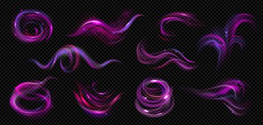 Realistic wind swirls neon color set of isolated air puffs with violet and purple colored particles vector illustration clipart