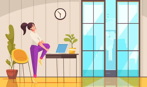 Luogo Lavoro Estende Cartoni Animati Poster Con Donna Avendo Esercizi — Vettoriale Stock