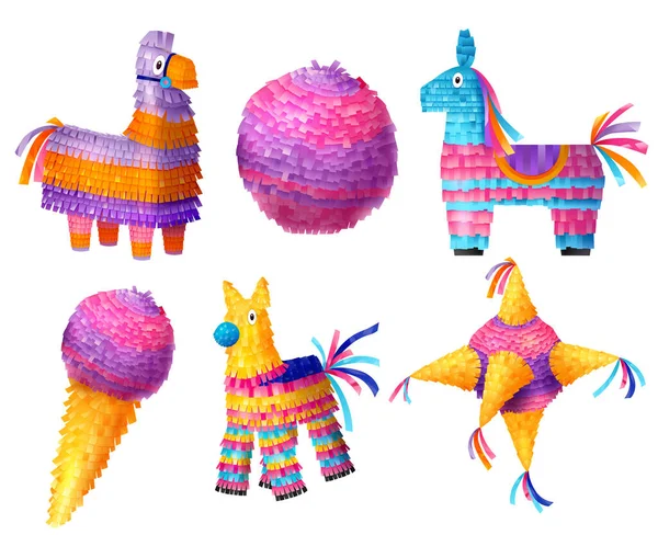 Realistic Mexican Pinatas Different Shapes Icons Set Isolated Vector Illustration — Stock Vector