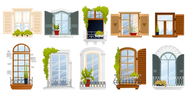 Vintage Alte Europäische Balkonfenster Icon Set Zehn Verschiedene Fenster Mit — Stockvektor