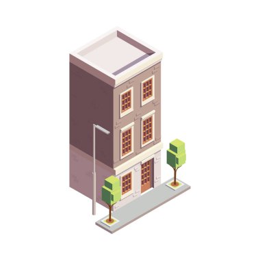 Birden fazla katlı ve modern mimari tasarım vektör illüstrasyonlu izole edilmiş renkli binayla şehir binası eşölçülü bileşimi