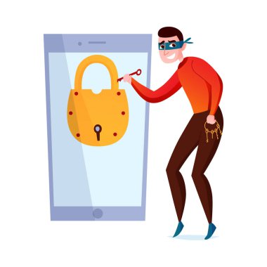 Bilgisayar sistemi çizimi bozan bilgi hırsızlığı karakterli hacker kompozisyonu