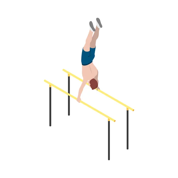 Street workout isometric composition with human character performing warm up exercise on sports equipment vector illustration