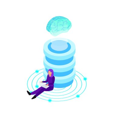 Yapay zeka izometrik kompozisyonu. Elektronik cihazlar ve iş adamları illüstrasyonuyla beynin izole edilmiş ai parıltısı görüntüsü.