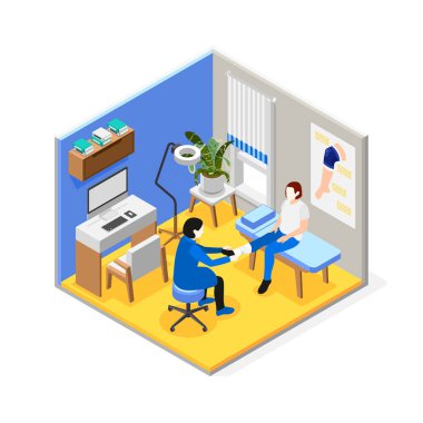 Travmatolog, kadın hasta izometrik bileşimin burkulmuş bileğine bandaj uyguluyor. 3 boyutlu vektör çizimi.