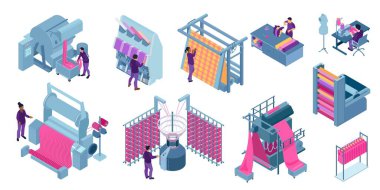 İzole edilmiş insan karakterlerine sahip Isometric tekstil sanayi simgeleri koleksiyonu ve boş arkaplan çizimi üzerinde dokuma makineleri