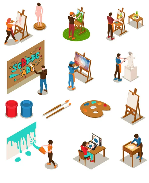Artists Isometric Set Drawing Sculpture Symbols Isolated Vector Illustration — Stock Vector