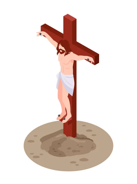 十字架基督在空白背景矢量图上挂在十字架上的孤立视图下的等距基督教构成 — 图库矢量图片