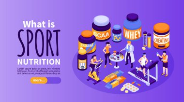 Kurtarma sembolleri izometrik vektör illüstrasyonlu spor beslenme yatay afişi