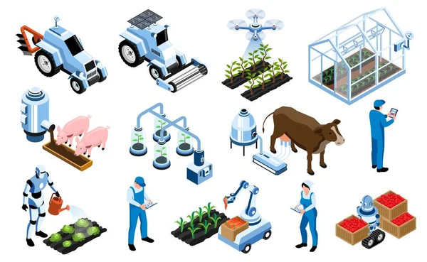 等距智能农场图标设置农场设备 您可以用这些设备管理植物的种植 以照顾动物病媒说明 — 图库矢量图片