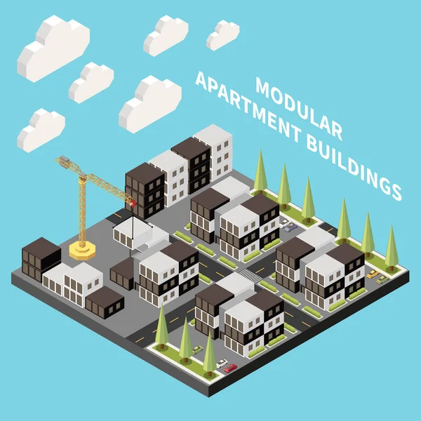 Concepto Edificios Apartamentos Modulares Con Sitio Construcción Con Ilustración Vectores — Archivo Imágenes Vectoriales