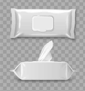 Islak dokular, şeffaf arkaplan izole vektör ilüstrasyonuna gerçekçi paketleme ayarları