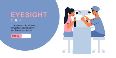 Optik ekipman illüstrasyonuyla hastanın gözlerini test eden göz doktoru ile yatay pankartı kontrol et.