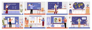 Okul öğretmenleri sınıfta çeşitli konuları öğretiyor düz kompozisyonlar dizisi izole vektör illüstrasyonları