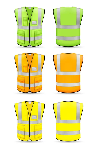 Front Rear View Realistic Vest Mock Green Orange Yellow Colors — Stock Vector