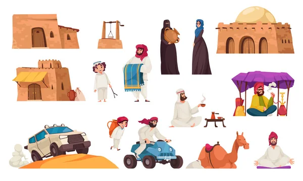 Arabská Poušť Karikatura Ikony Set Lidmi Sobě Tradiční Orientální Oblečení — Stockový vektor