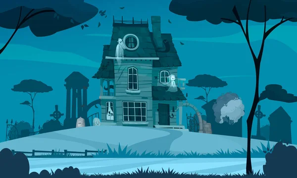 Scary House Cartoon Scene Horror Building Cemetery Background Vector Illustration — Stock Vector