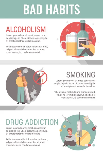 Bad Habit Infographics Set Smoking Drug Abuse Addiction Cartoon Symbols — Stock Vector