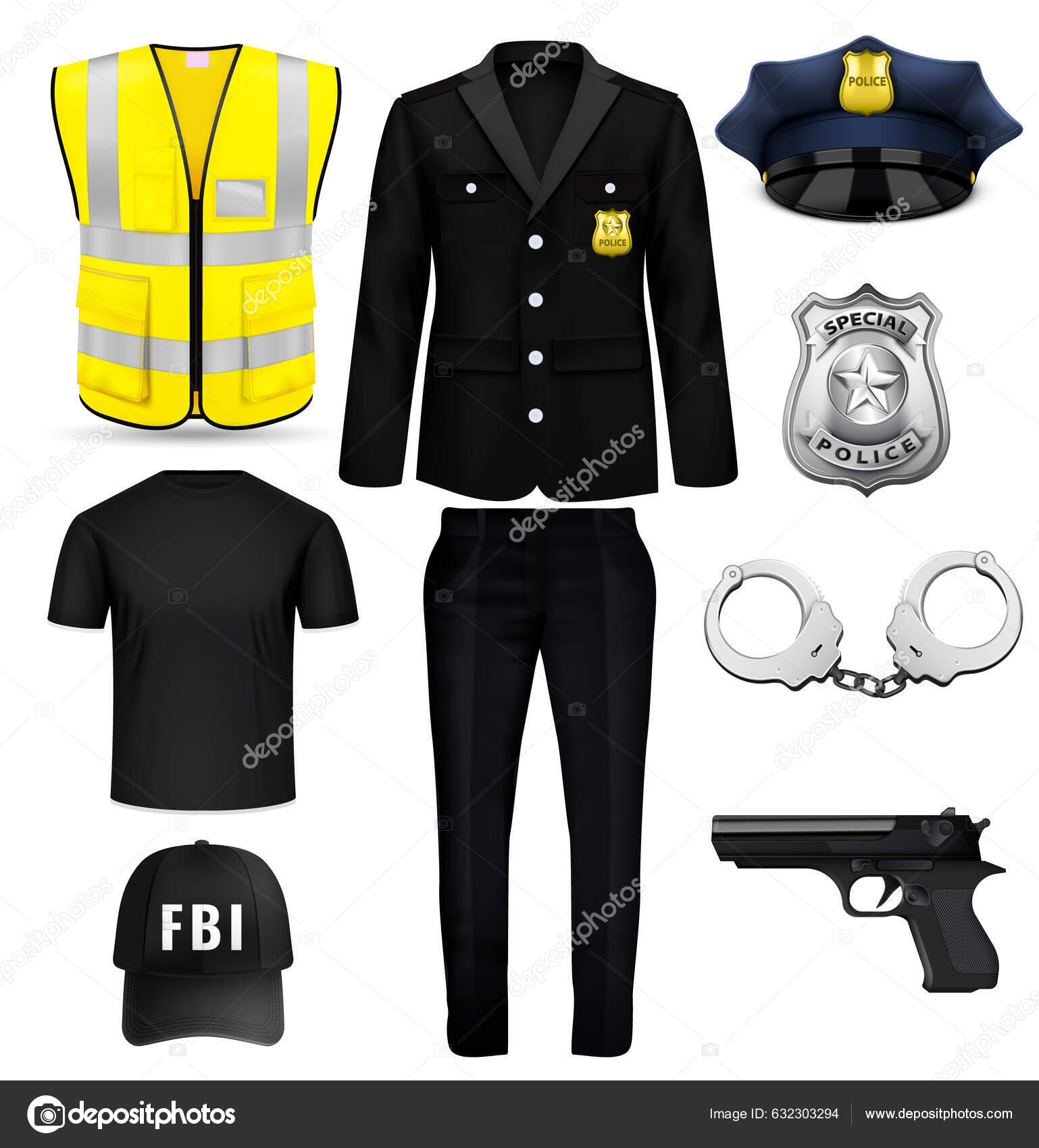 Uniforme Policier Fbi Équipement Ensemble Réaliste Avec Gilet Réfléchissant  Chapeau Vecteur par ©macrovector 632303294