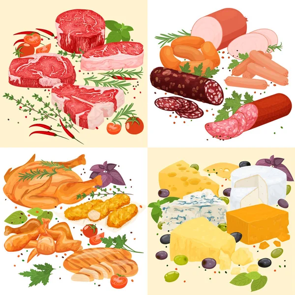 Meat Products Flat Set Square Compositions Served Steaks Pork Sausages — Stock Vector