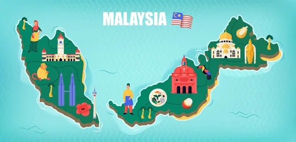Malaysia Memetakan Konsep Datar Dengan Markah Tanah Perjalanan Dan Simbol - Stok Vektor
