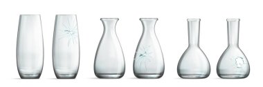 Realistic broken glass vase set with isolated front view images of intact and damaged transparent jars vector illustration clipart